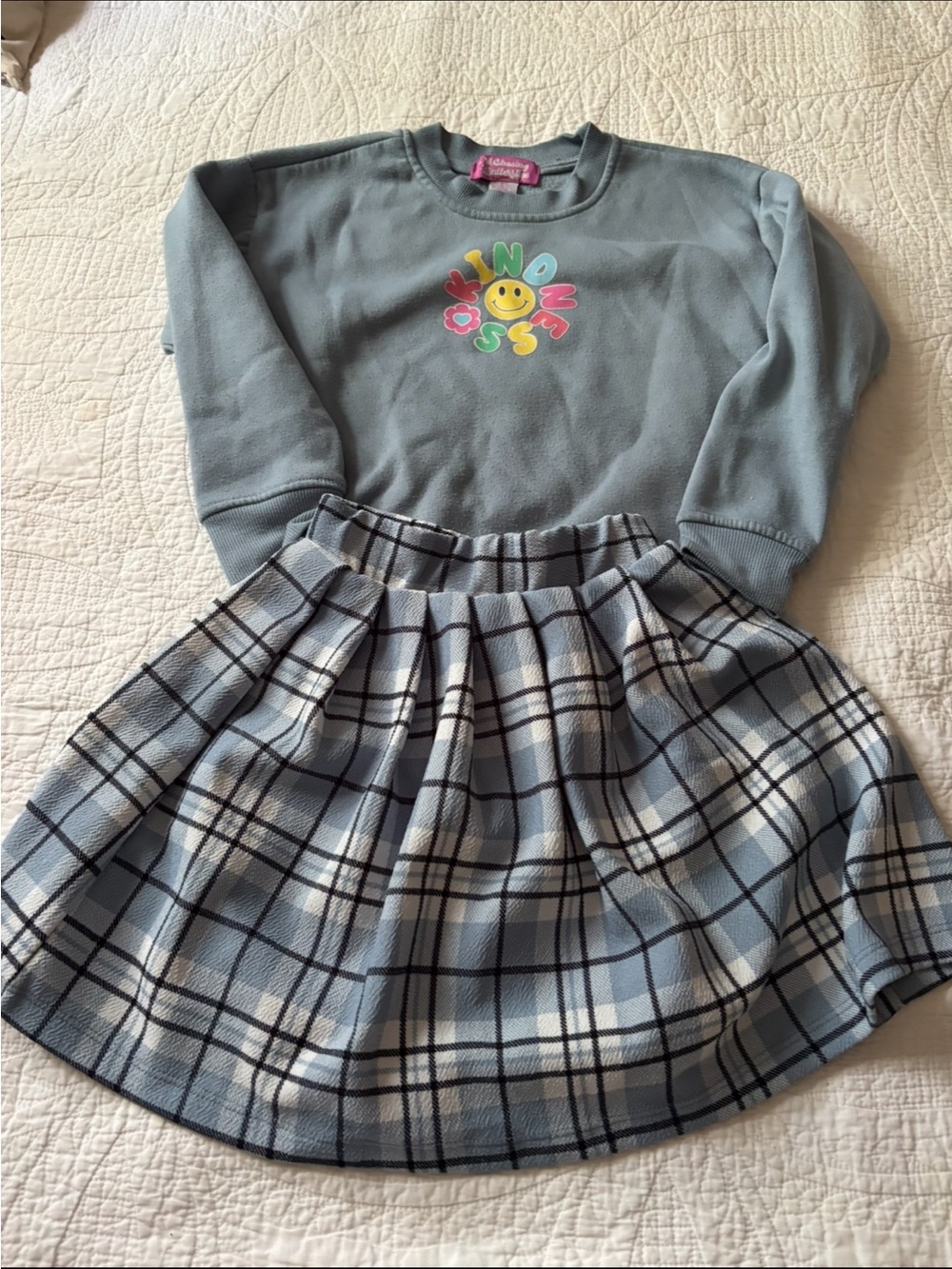 Smiley Graphic Sweatshirt & Plaid Skirt Set in Dusty Blue